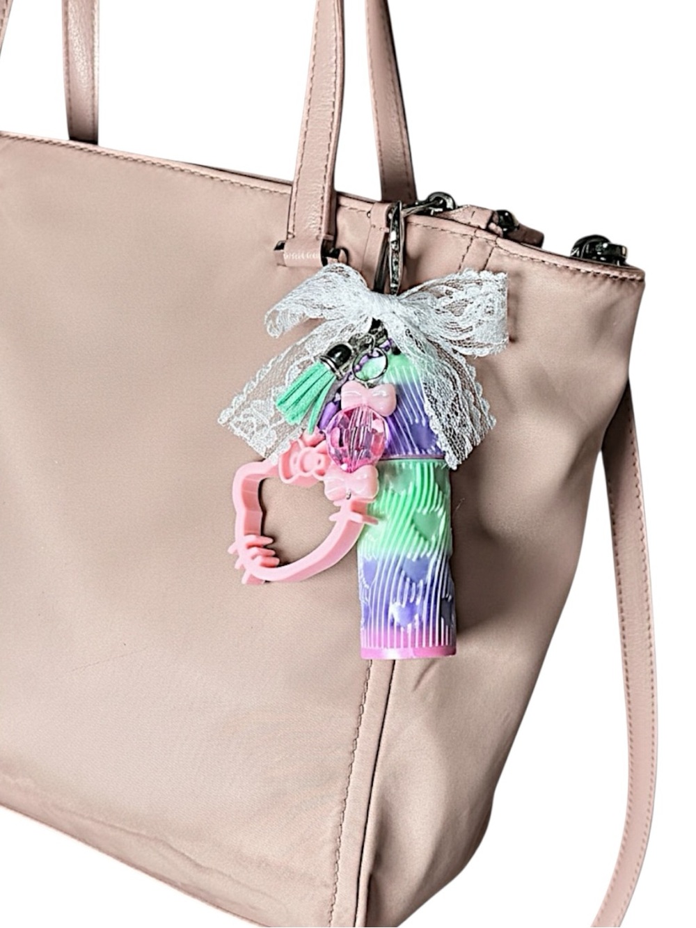 Hello Kitty Coquette 3-in-1 Bag Charm: Pastel Heart Lipstick Holder & Hair Clip
